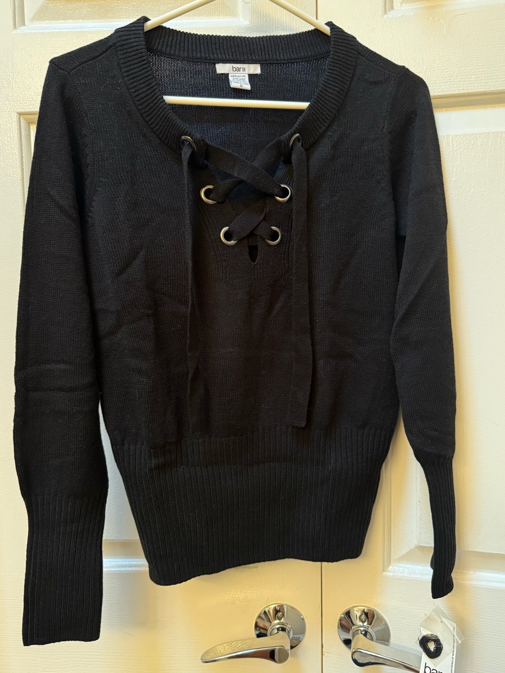 Bar III Black Lace-Up V-Neck Sweater